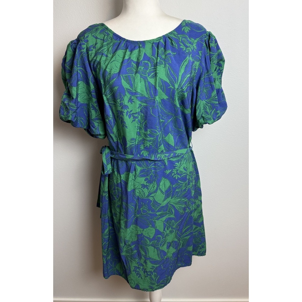 Stella & Julie Blue Green Tropical Print Mini Dress Tie Belt Puff Sleeves Sz XL